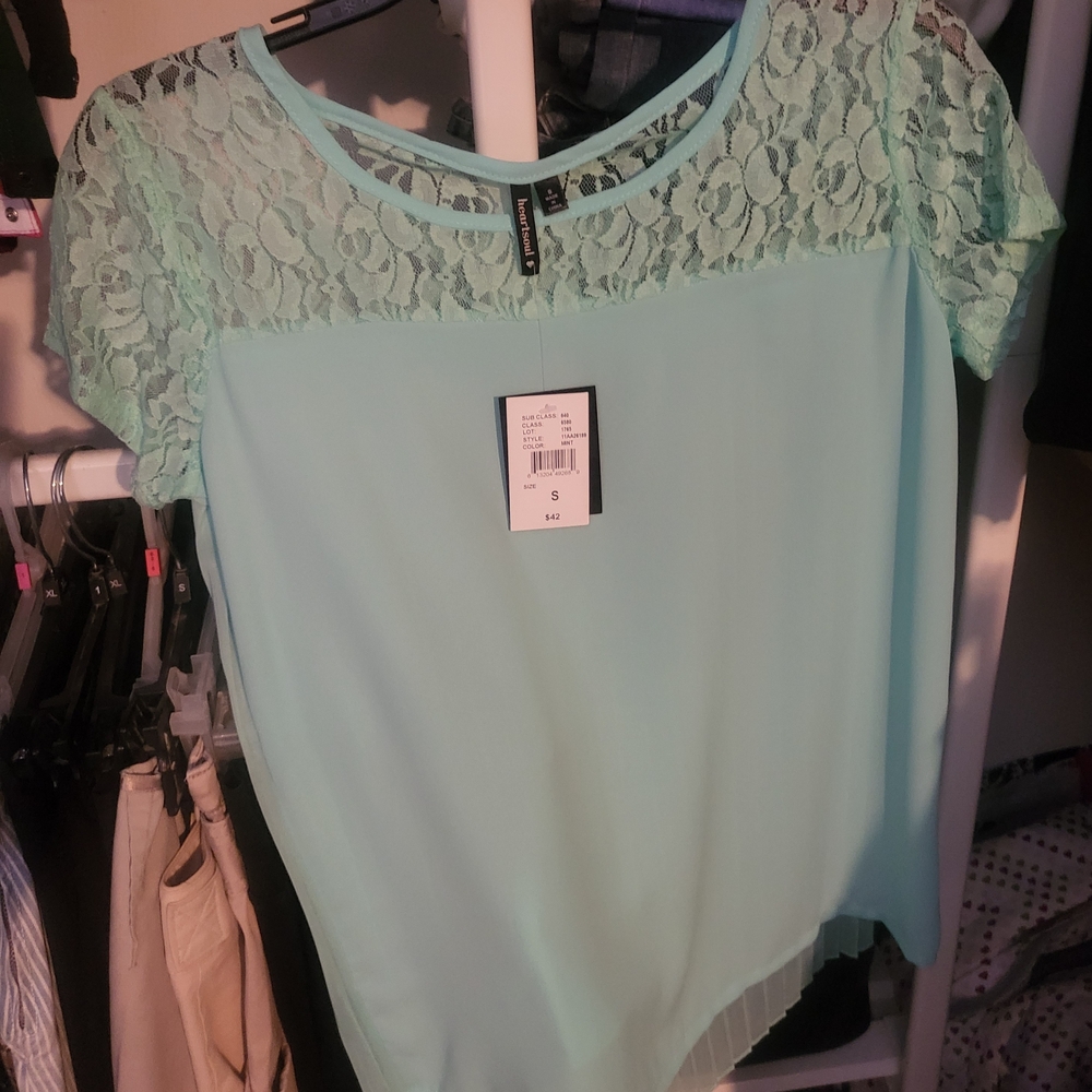 HeartSoul Light Aqua, Asymmetrical Lace Blouse Short Sleeve